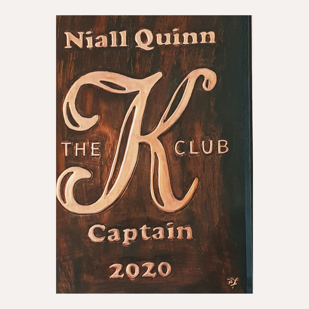 Handcrafted copper presentation plaque for Niall Quinn – The K Club Captain 2020, framed Irish-made bespoke artwork"