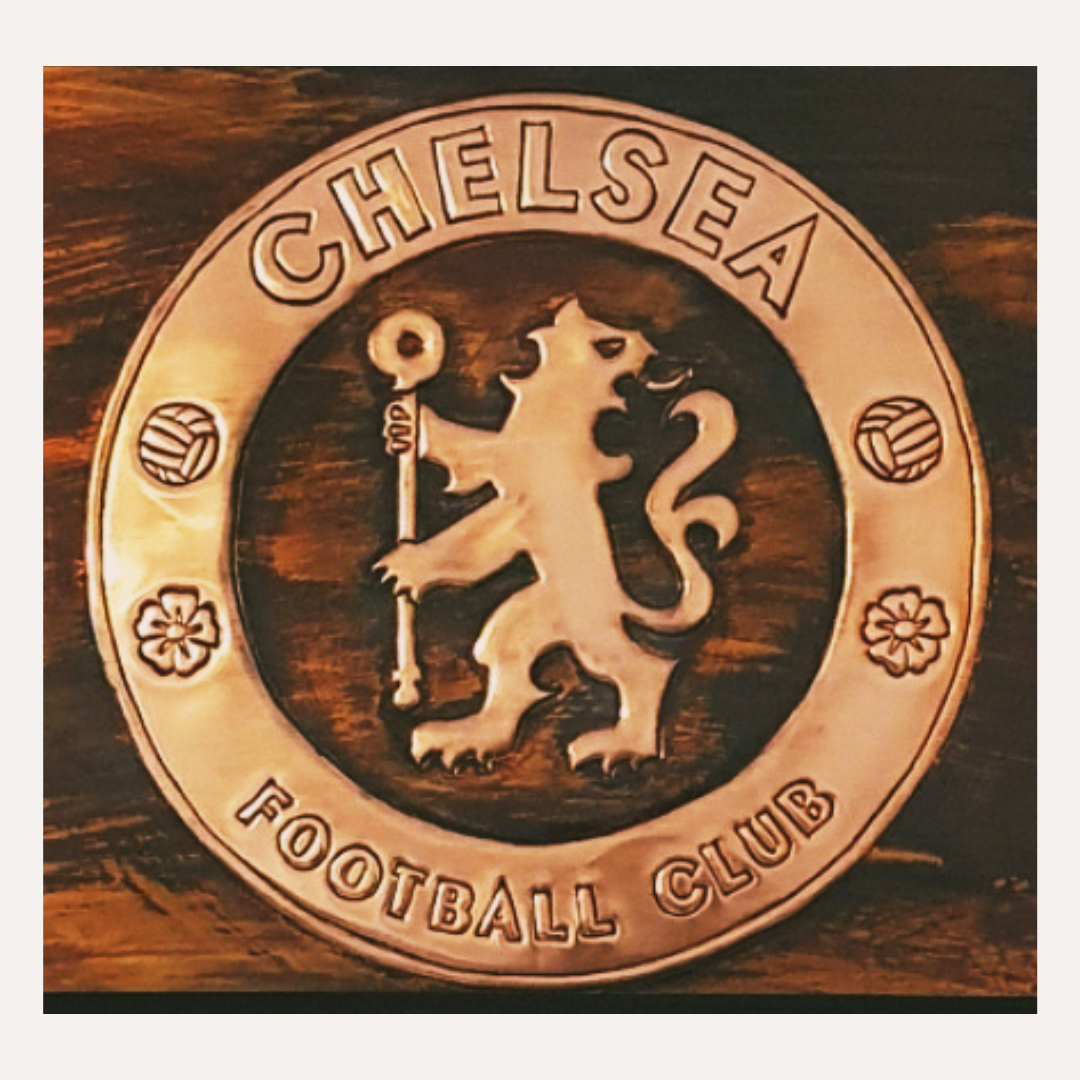 Handcrafted copper Chelsea FC crest wall plaque in black frame – Irish-made football art"