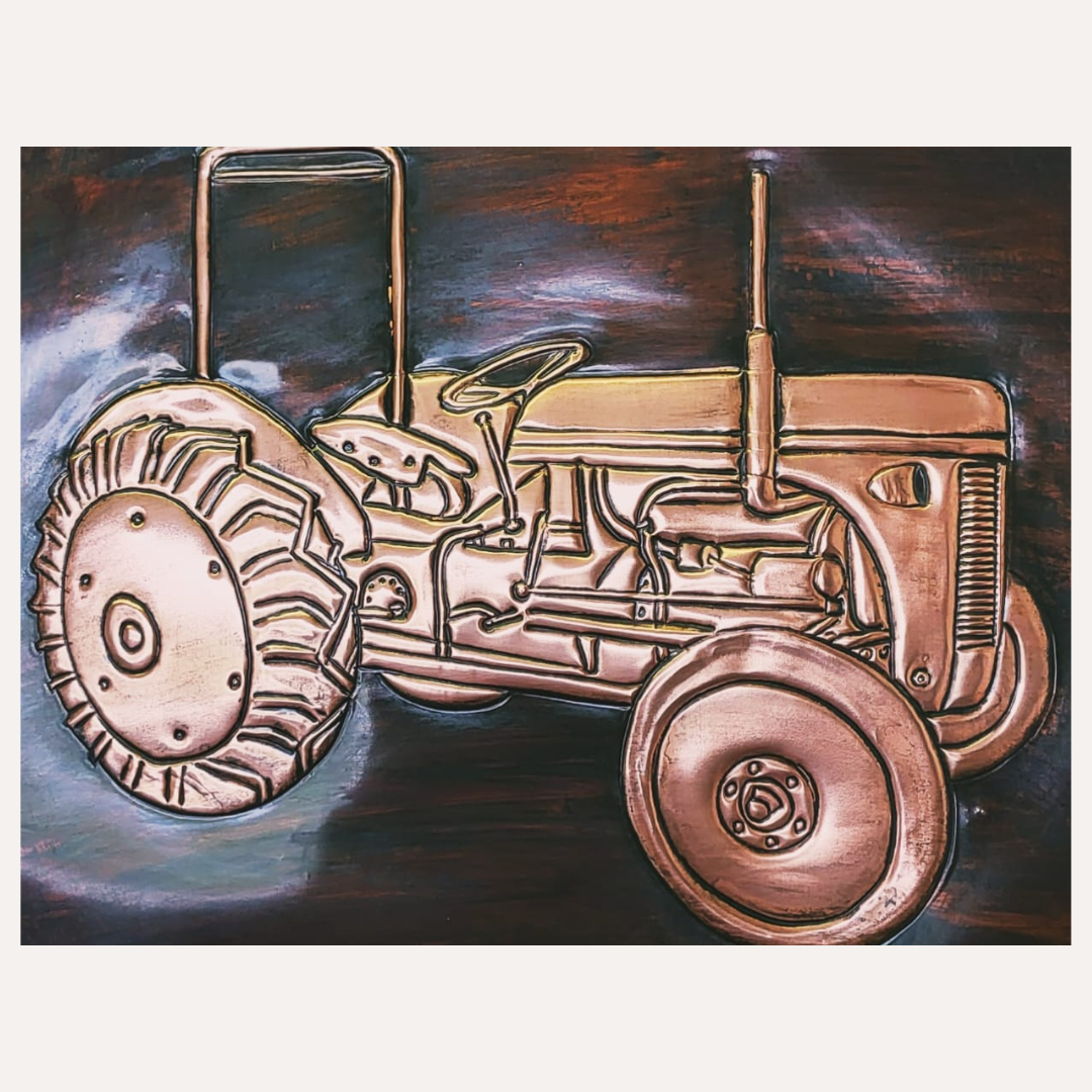 Framed handcrafted copper artwork of a vintage tractor, created by Donegal Copper Craft