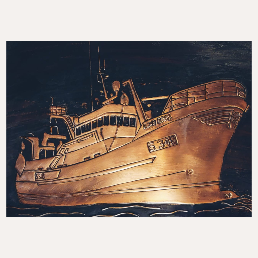 Handcrafted in copper, this detailed artwork captures the proud fishing trawler Dawn Rose, a tribute to the skill, spirit, and seafaring heritage of Donegal.