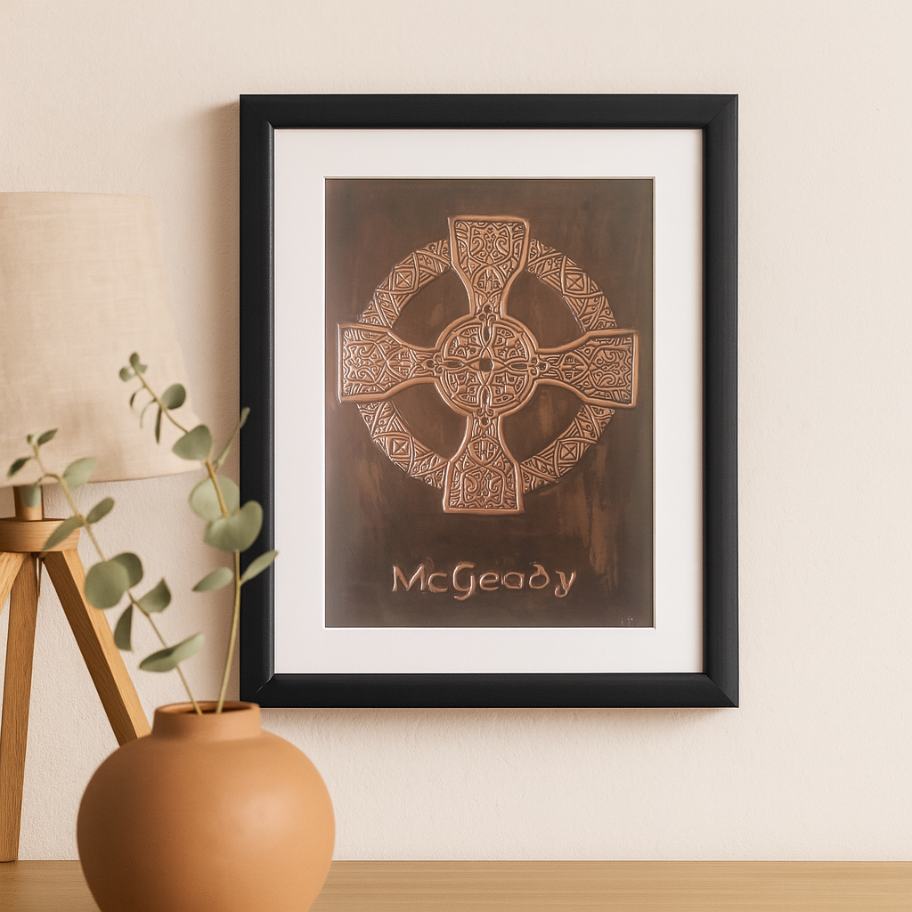 Celebrate heritage with this handcrafted copper plaque featuring an intricate Celtic design and personalised family name. Expertly finished and beautifully framed