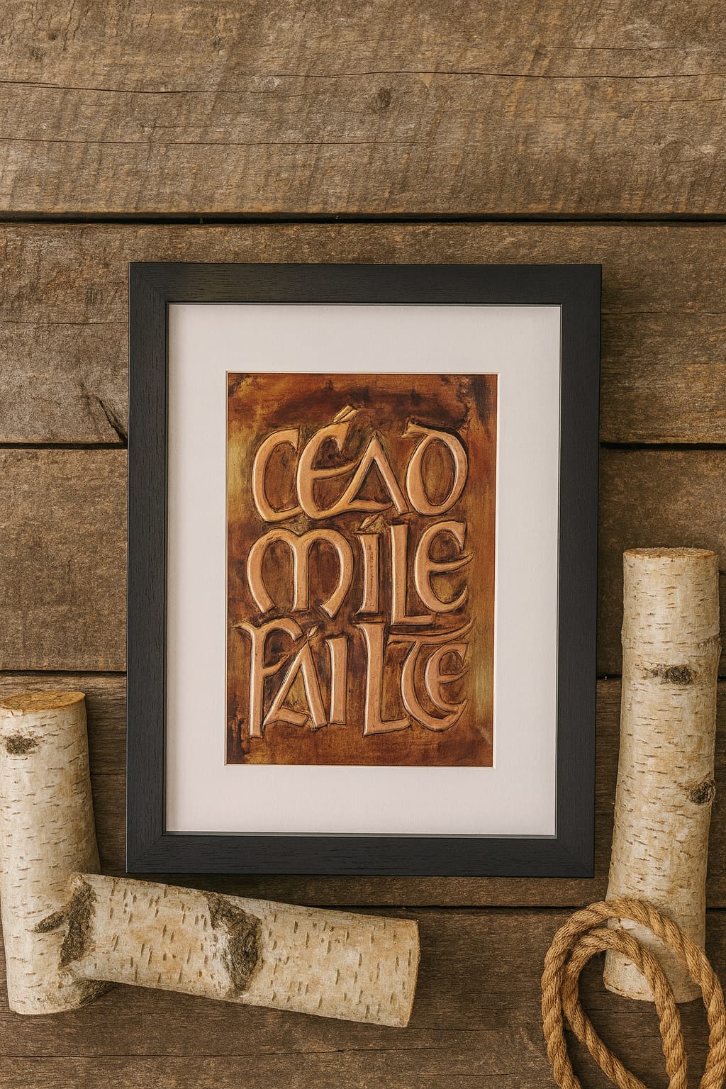 Framed wooden print with 'Céad mile fáilte' on a rustic wooden background.