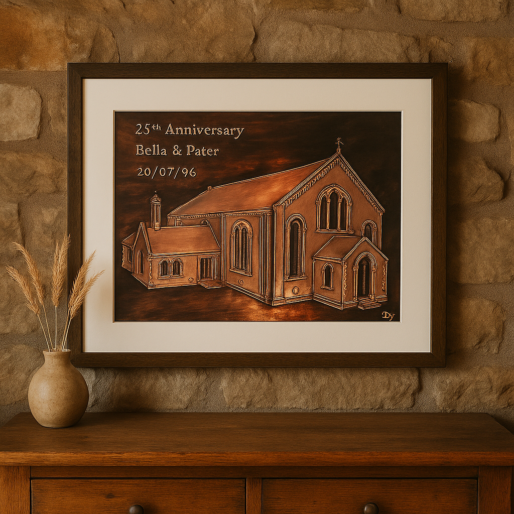 Bespoke copper anniversary artwork displayed on a modern wall, featuring a detailed church engraving with names and wedding date.