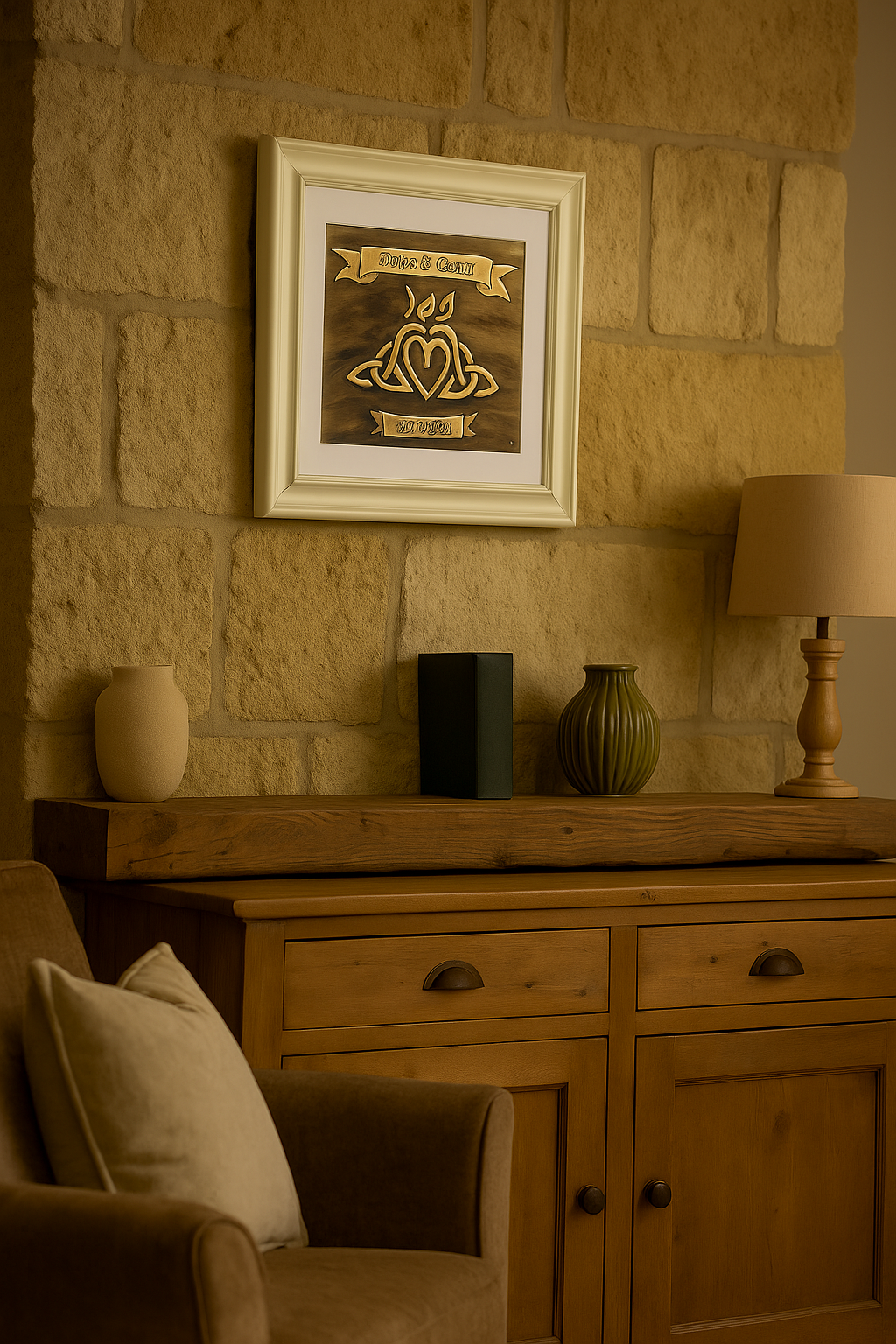 Framed personalised copper wedding gift featuring Celtic knot heart and ribbon design, displayed in cozy home interior – bespoke Irish wall art