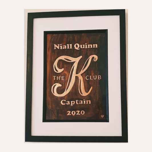 Handcrafted copper presentation plaque for Niall Quinn – The K Club Captain 2020, framed Irish-made bespoke artwork"