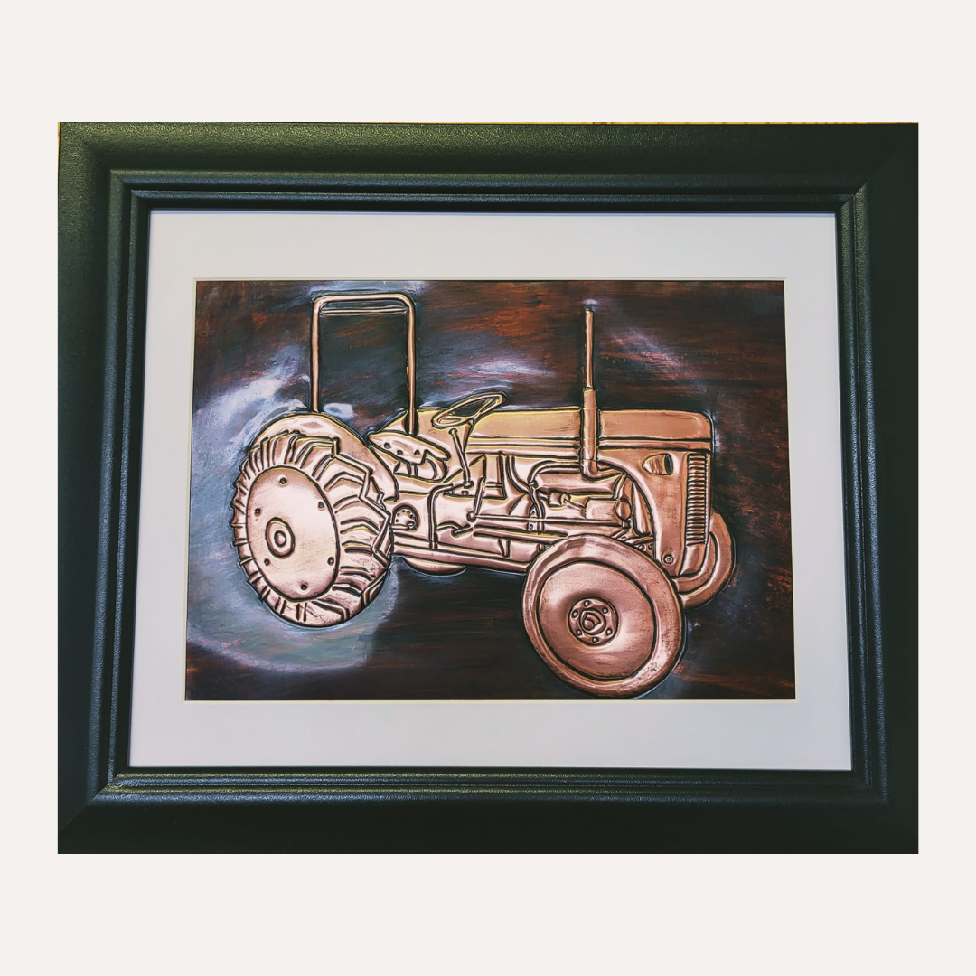 Framed handcrafted copper artwork of a vintage tractor, created by Donegal Copper Craft