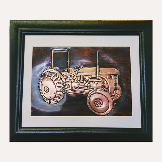 Framed handcrafted copper artwork of a vintage tractor, created by Donegal Copper Craft