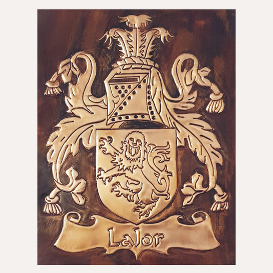 Handcrafted copper artwork featuring the Lalor family crest with intricate heraldic details and a lion emblem, symbolizing heritage and lineage