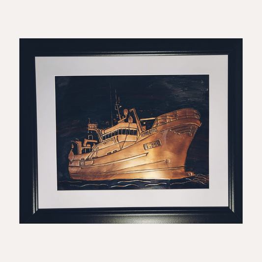 Handcrafted in copper, this detailed artwork captures the proud fishing trawler Dawn Rose, a tribute to the skill, spirit, and seafaring heritage of Donegal.