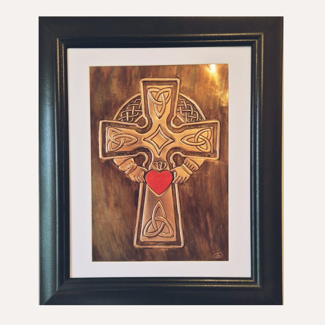 Handcrafted copper Celtic Cross with Sacred Heart symbol. Irish-made, beautifully framed, and ready to hang. A meaningful gift or keepsake.