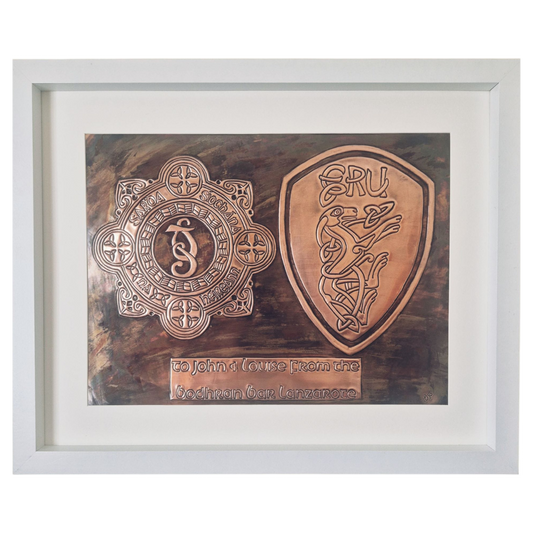 Handcrafted copper Garda retirement plaque with personalised emergency response crest, Irish-made and ships worldwide