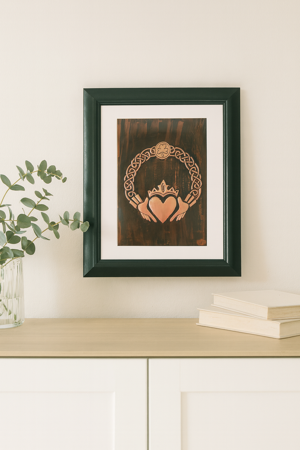 Handcrafted copper artwork featuring a traditional Claddagh design with a crowned heart and hands, surrounded by intricate Celtic knotwork, symbolizing eternal love, loyalty, and friendship.