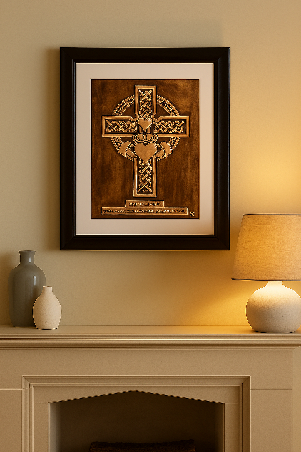 Framed handcrafted copper Celtic Cross with shamrock emblem and intricate Irish knotwork, finished with a rich patina background.