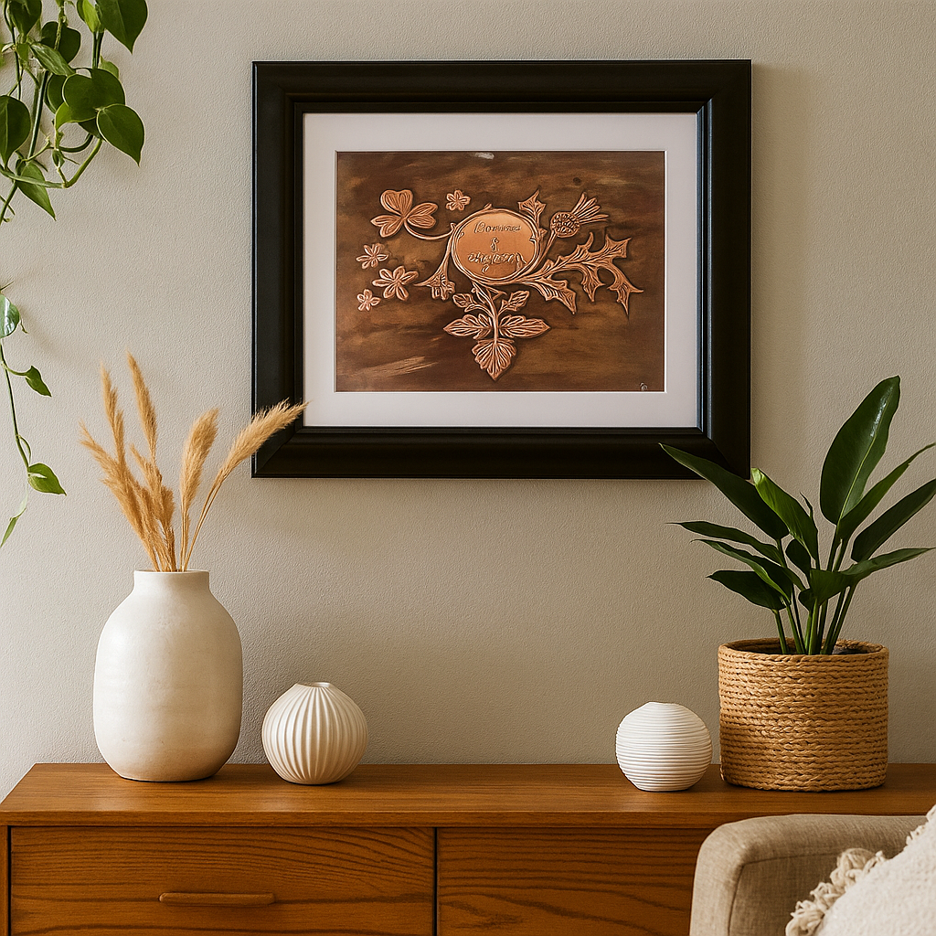 Celebrate love and heritage with this bespoke copper piece featuring a shamrock and thistle. A perfect Irish-Scottish wedding or anniversary gift.