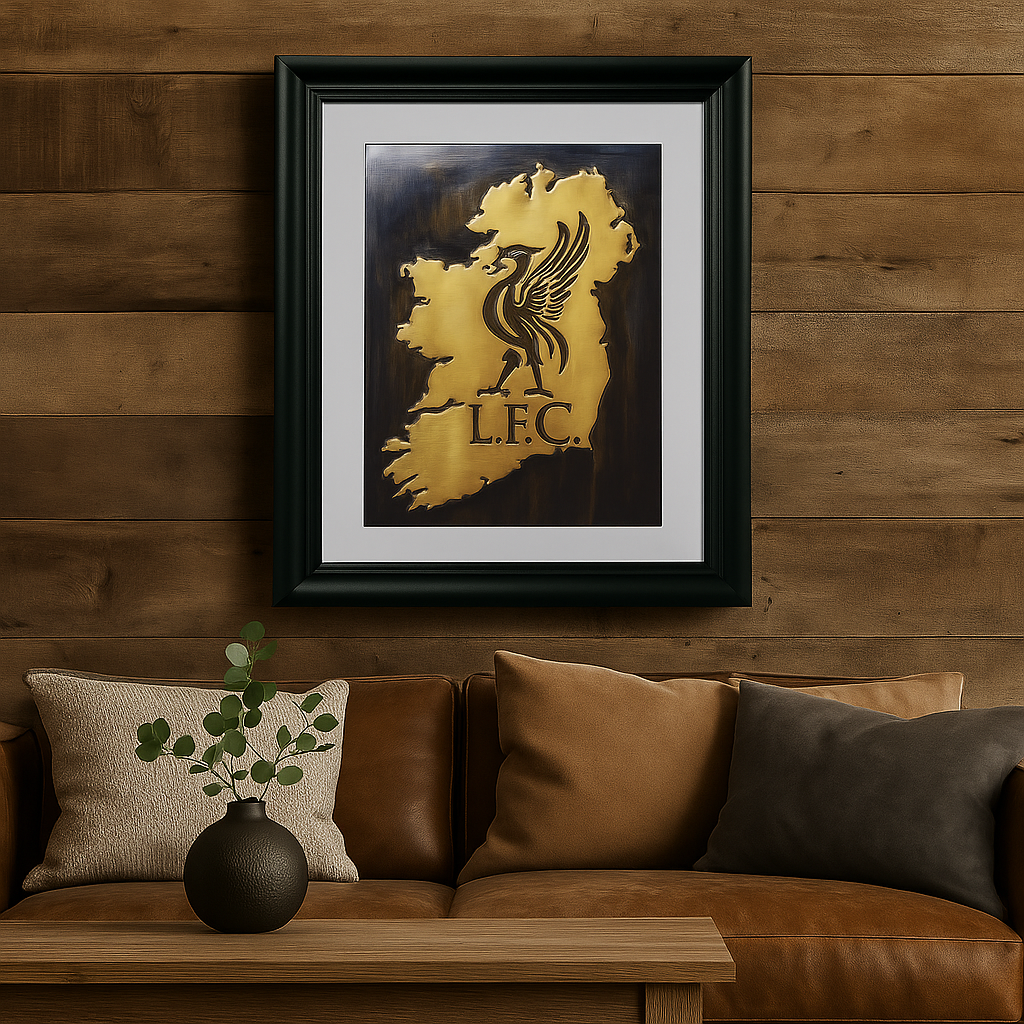 Framed copper Liverpool FC crest inside a map of Ireland, displayed on a rustic wooden wall, representing the connection between Irish fans and their beloved Anfield team