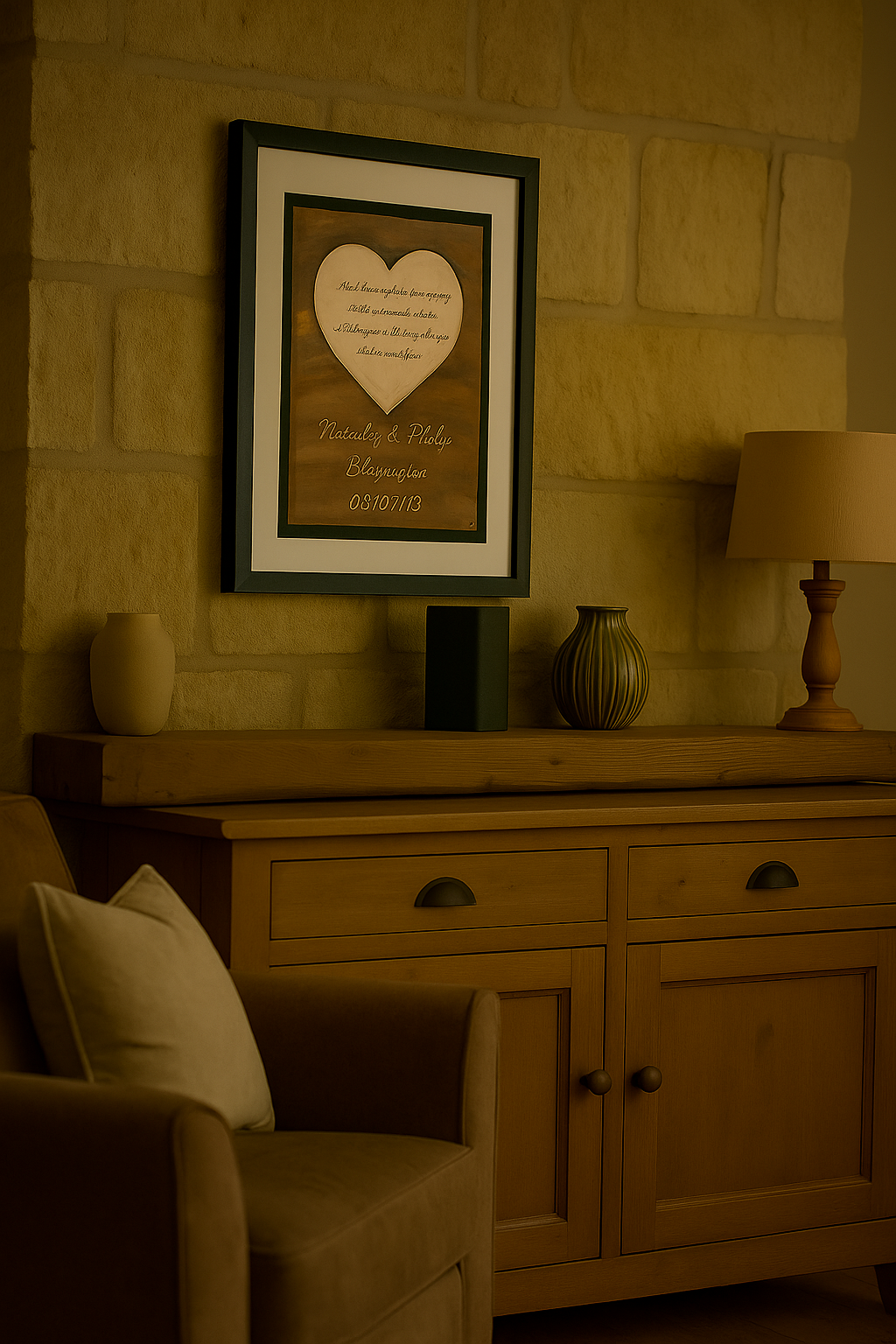 Framed copper love song plaque displayed in home interior – personalised wedding gift with engraved heart, names and date"