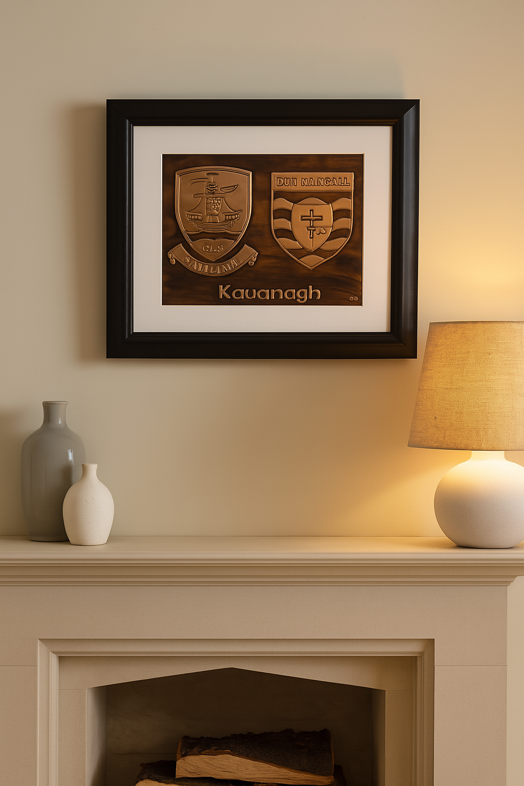 Personalised double copper sports crest wall art displayed in a modern living room, featuring Galway and Donegal GAA emblems and engraved surname.