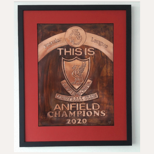 Handcrafted copper artwork featuring a personalized Liverpool FC crest with ‘This Is Anfield Champions 2020’ engraved, celebrating the club’s historic Premier League title win.