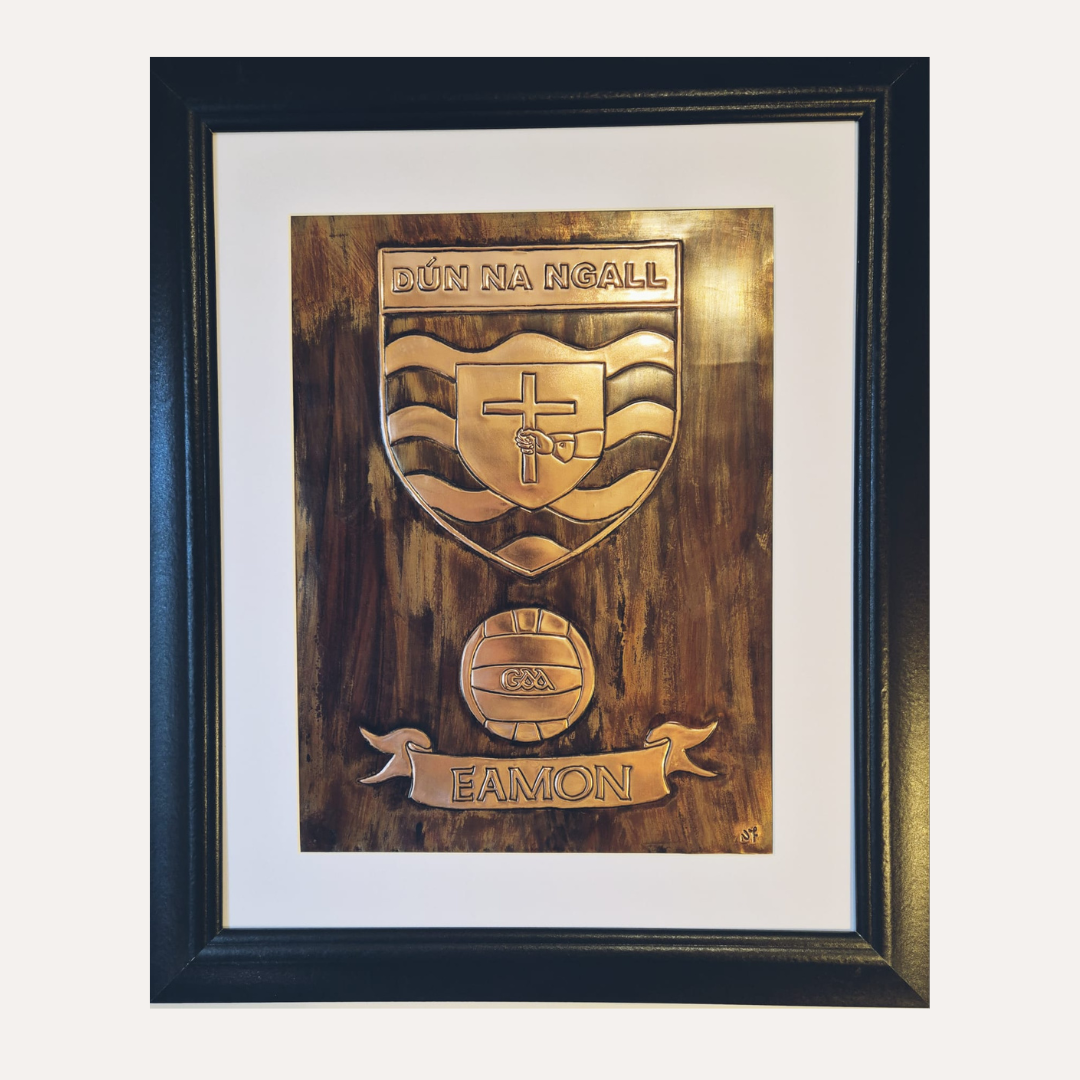 Personalised copper Donegal GAA crest plaque with football and name engraving, framed for wall display