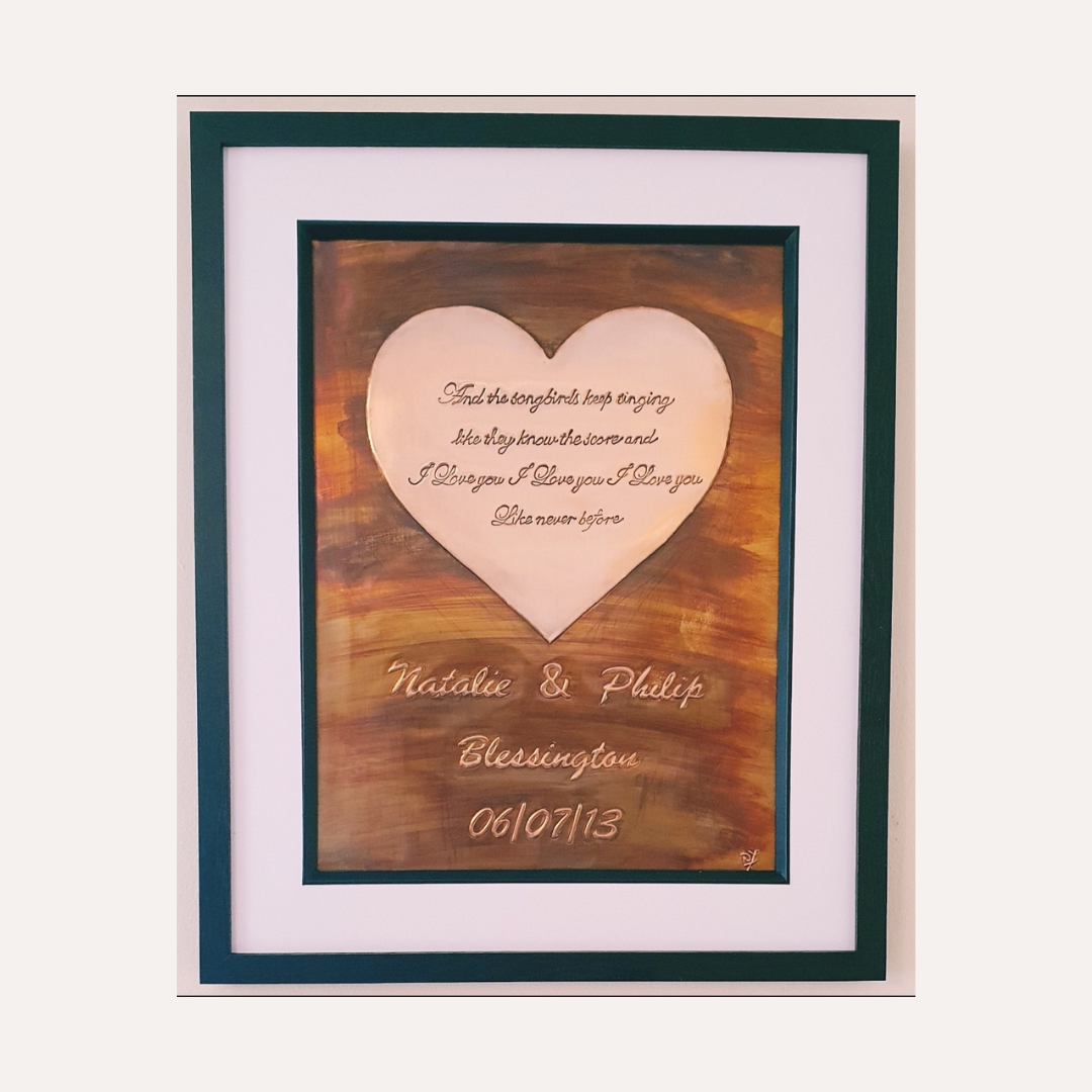 Handcrafted copper wedding plaque with engraved heart featuring couple’s love song lyrics, names, date and location – personalised Irish-made gift"
