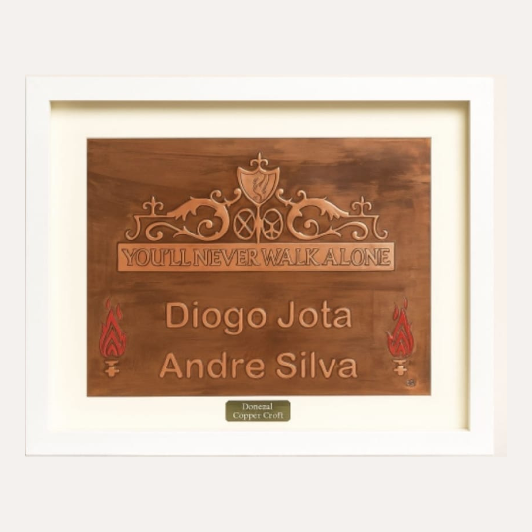 Donegal Copper Craft presenting bespoke copper tribute at Liverpool FC’s Anfield Stadium for Diogo Jota and André Silva