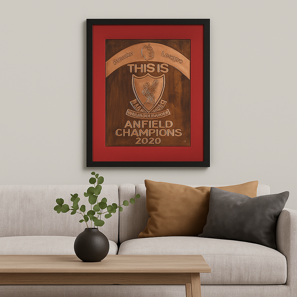 Framed copper Liverpool FC artwork reading ‘This Is Anfield Champions 2020,’ displayed on a modern living room wall, honoring the club’s Premier League triump