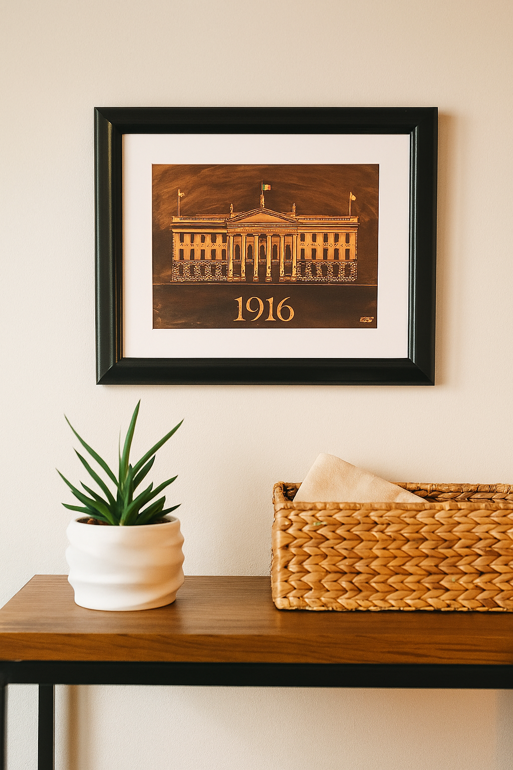 A framed copper artwork of the GPO Dublin with “1916” beneath, elegantly displayed on a living room wall as a tribute to Irish history.