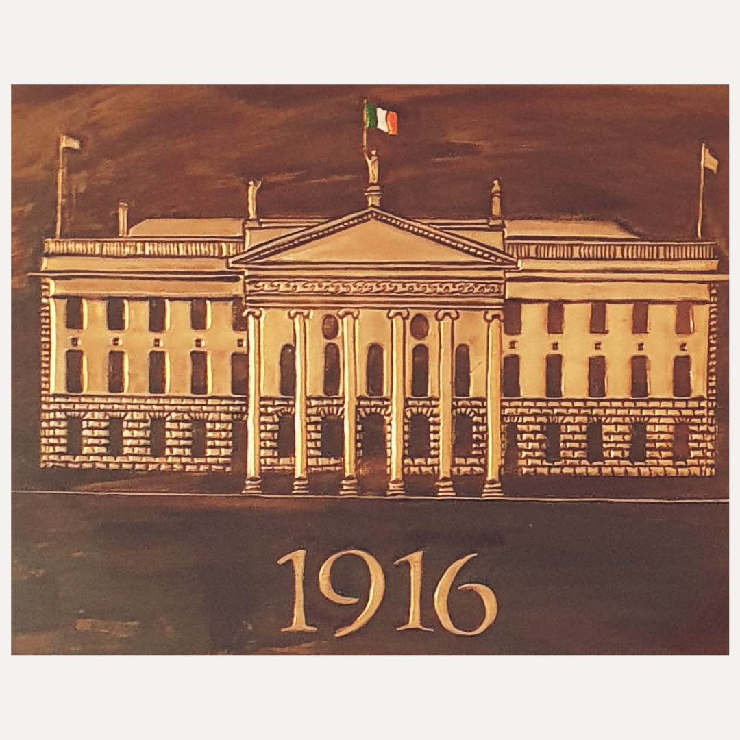A framed copper artwork depicting the General Post Office (GPO) in Dublin with the year 1916 inscribed below, commemorating the Easter Rising.