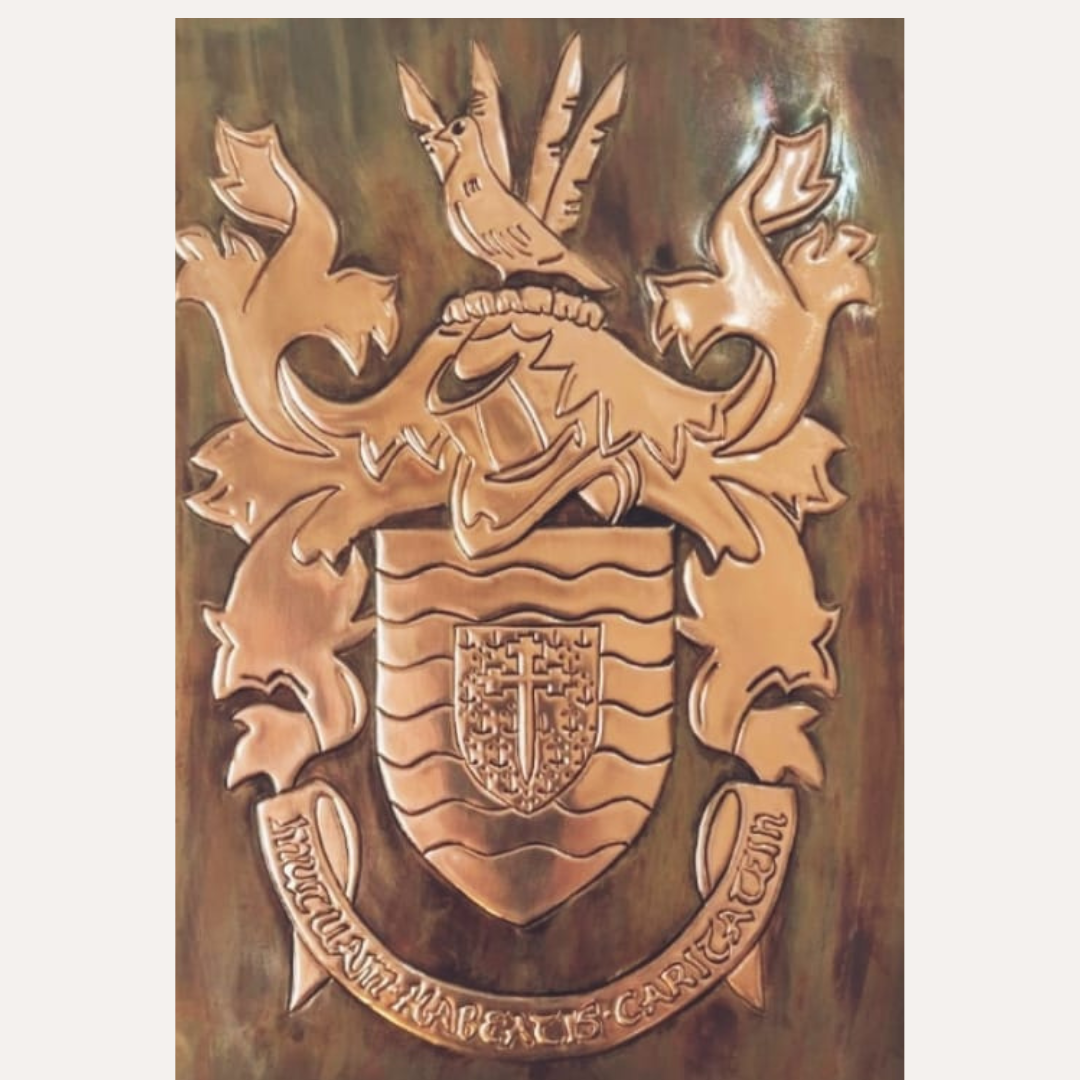 Framed handcrafted copper artwork featuring the Donegal County and Council crests, inspired by the ancient royal arms of the O'Donnell clan