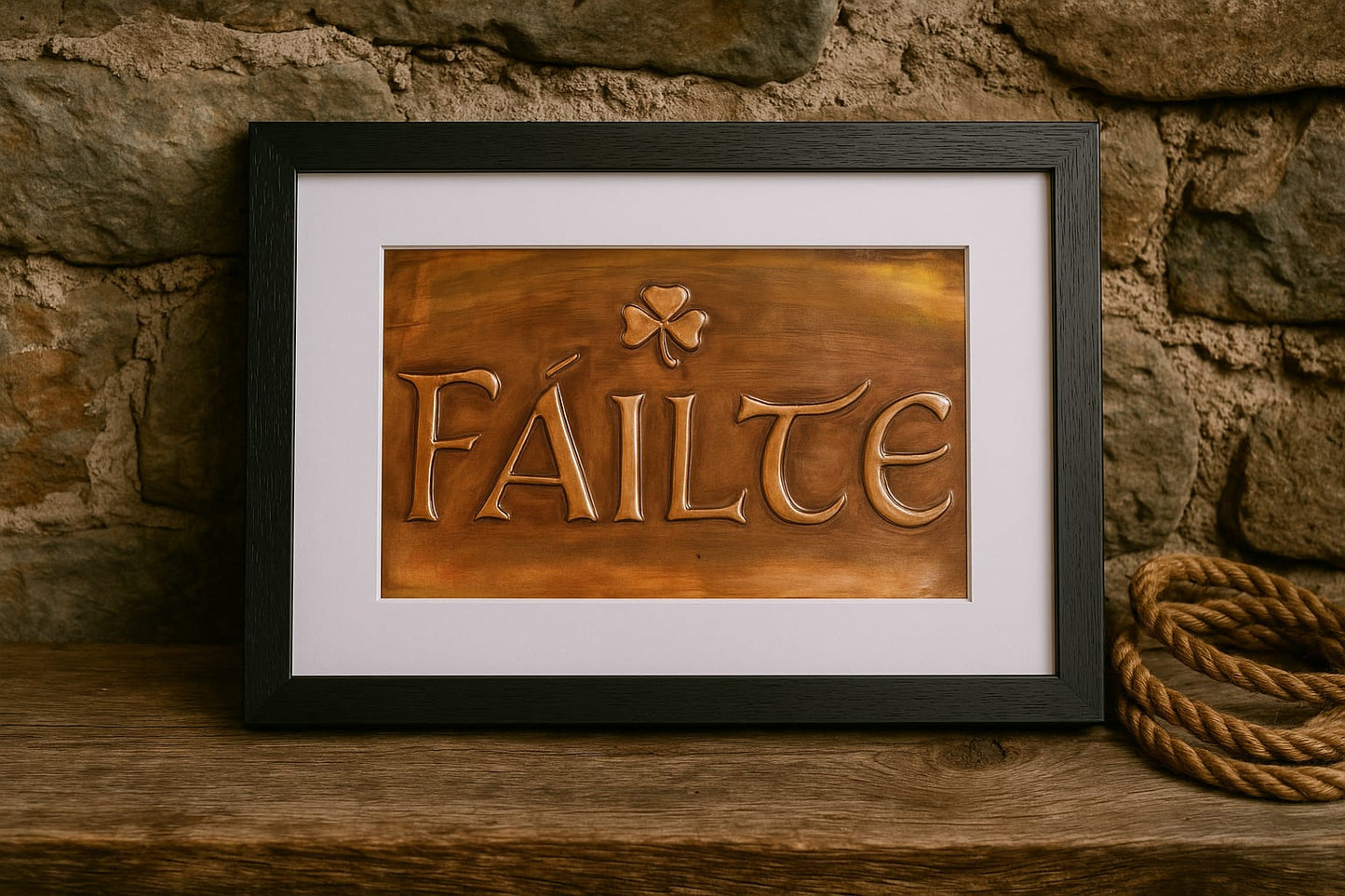 Framed sign with 'FAILTE' in a decorative style on a stone wall background