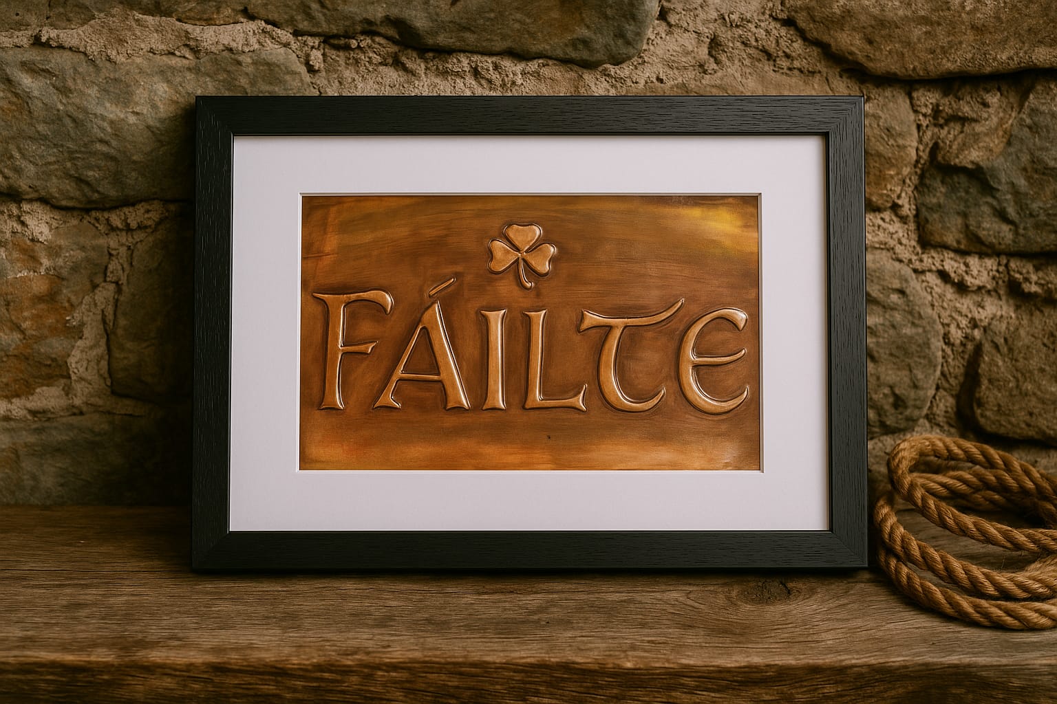 Framed sign with 'FAILTE' in a decorative style on a stone wall background