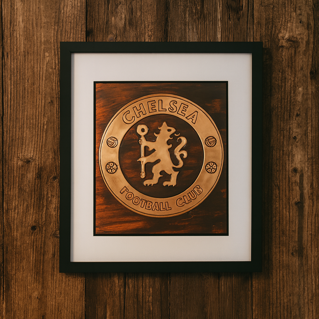 Framed copper Chelsea Football Club crest wall art displayed in modern home setting – handmade Irish supporter gift