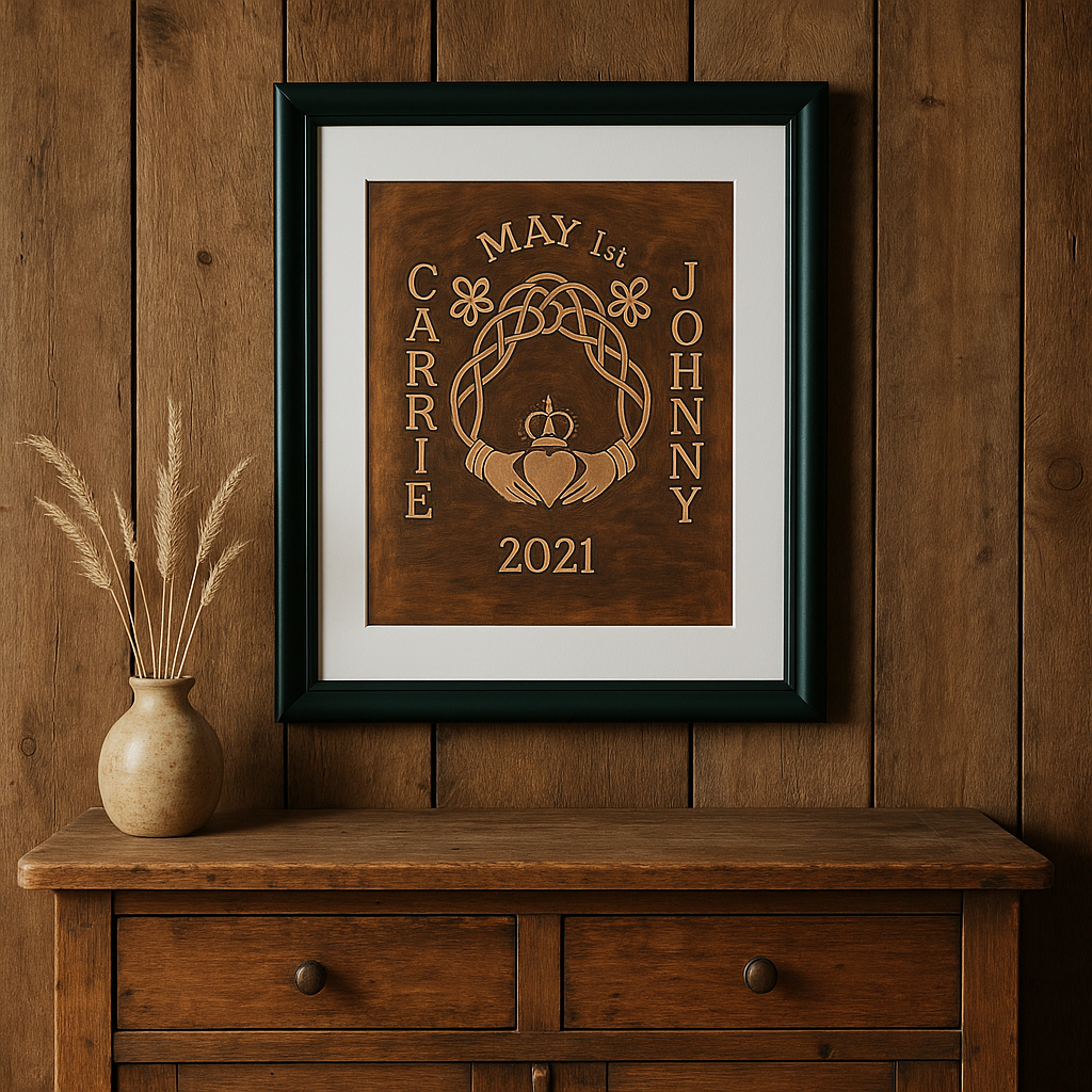 Framed copper Celtic Claddagh wedding plaque displayed on a wall, featuring personalised engraving of names, wedding date, and Irish heritage design.