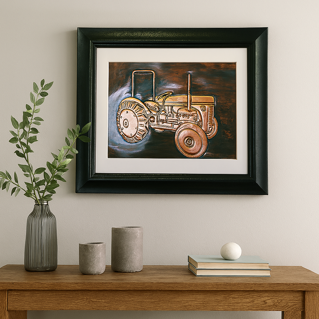Bespoke copper tractor wall art hanging on a rustic wooden wall, adding heritage charm to a farmhouse-style interior.