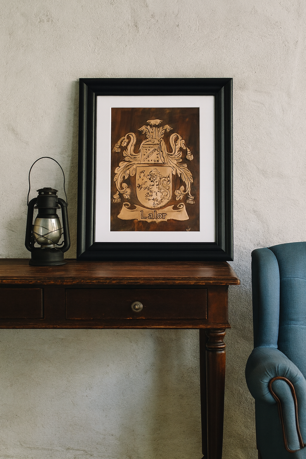 Framed copper artwork of the Lalor family crest displayed on a wooden sideboard in a cozy living room, surrounded by soft lighting and  décor, celebrating family heritage and tradition.
