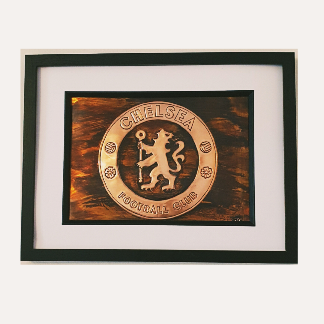 Handcrafted copper Chelsea FC crest wall plaque in black frame – Irish-made football art.