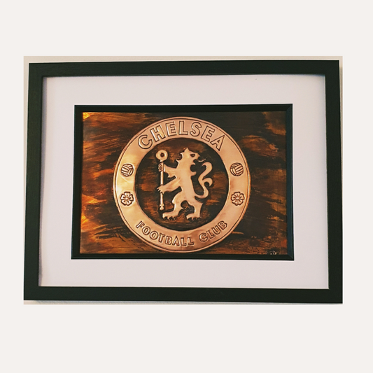 Handcrafted copper Chelsea FC crest wall plaque in black frame – Irish-made football art.