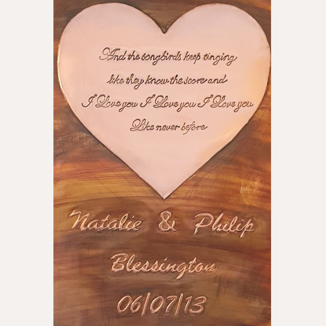 Handcrafted copper wedding plaque with engraved heart featuring couple’s love song lyrics, names, date and location – personalised Irish-made gift"