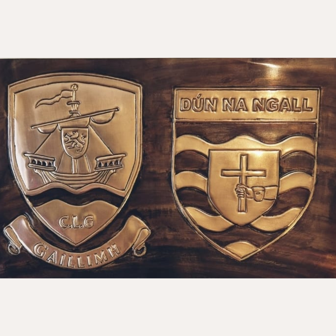 Personalised double copper sports crest wall art displayed in a modern living room, featuring Galway and Donegal GAA emblems and engraved surname.