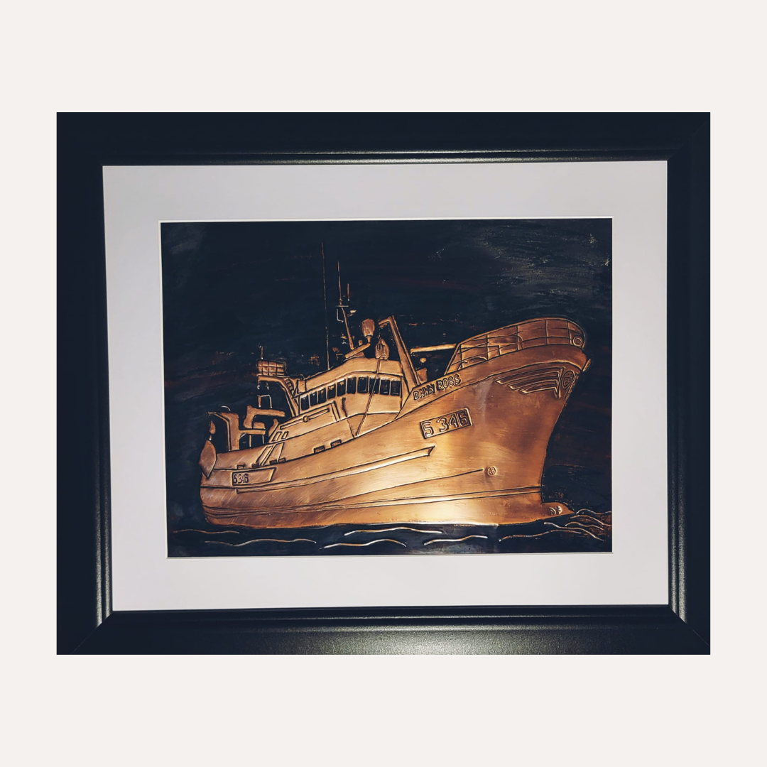 Handcrafted in copper, this detailed artwork captures the proud fishing trawler Dawn Rose, a tribute to the skill, spirit, and seafaring heritage of Donegal.