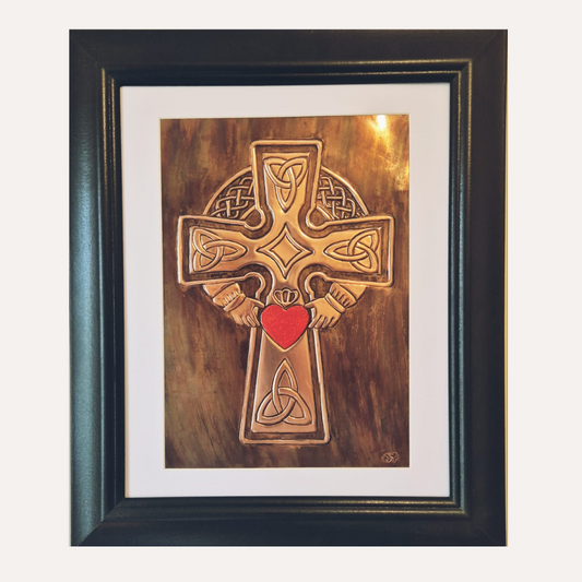 Handcrafted copper Celtic Cross with Sacred Heart symbol. Irish-made, beautifully framed, and ready to hang. A meaningful gift or keepsake. 