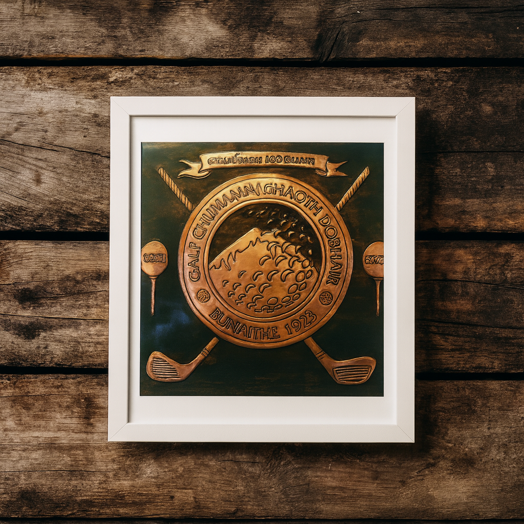 Framed copper golf club centenary plaque with crossed clubs and mountain emblem, displayed on a rustic wooden wall background