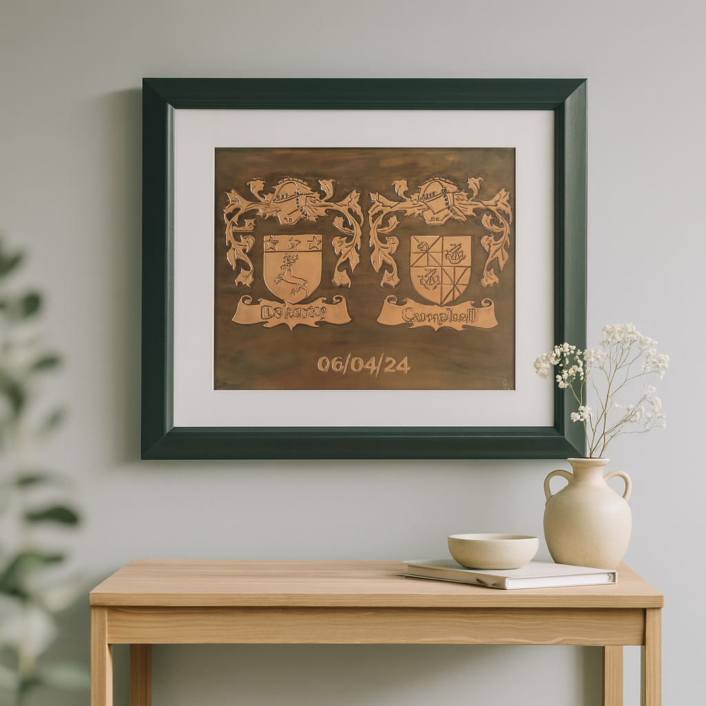 Handcrafted copper plaque featuring Doherty and Campbell family crests with ornate detailing and scroll banners