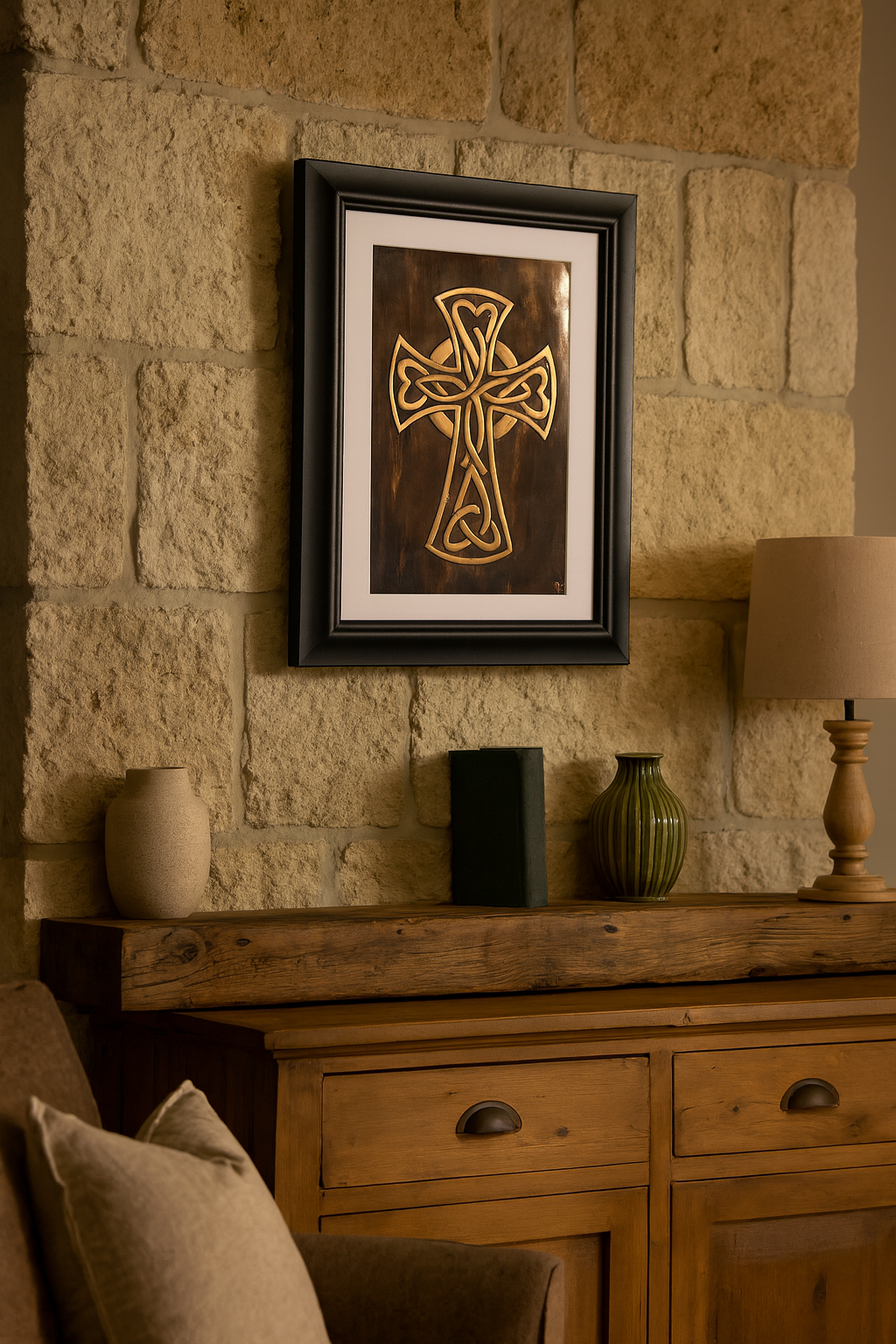 Handcrafted copper Celtic cross and family crest wall plaques displayed in a cozy Irish home interior with rustic wooden table, soft natural light, and heritage-inspired decor – bespoke artwork by Donegal Copper Craft.