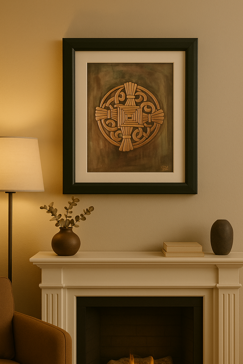 Framed copper St. Brigid’s Cross hanging on a soft neutral wall above a floating shelf with a plant — Irish handmade decor