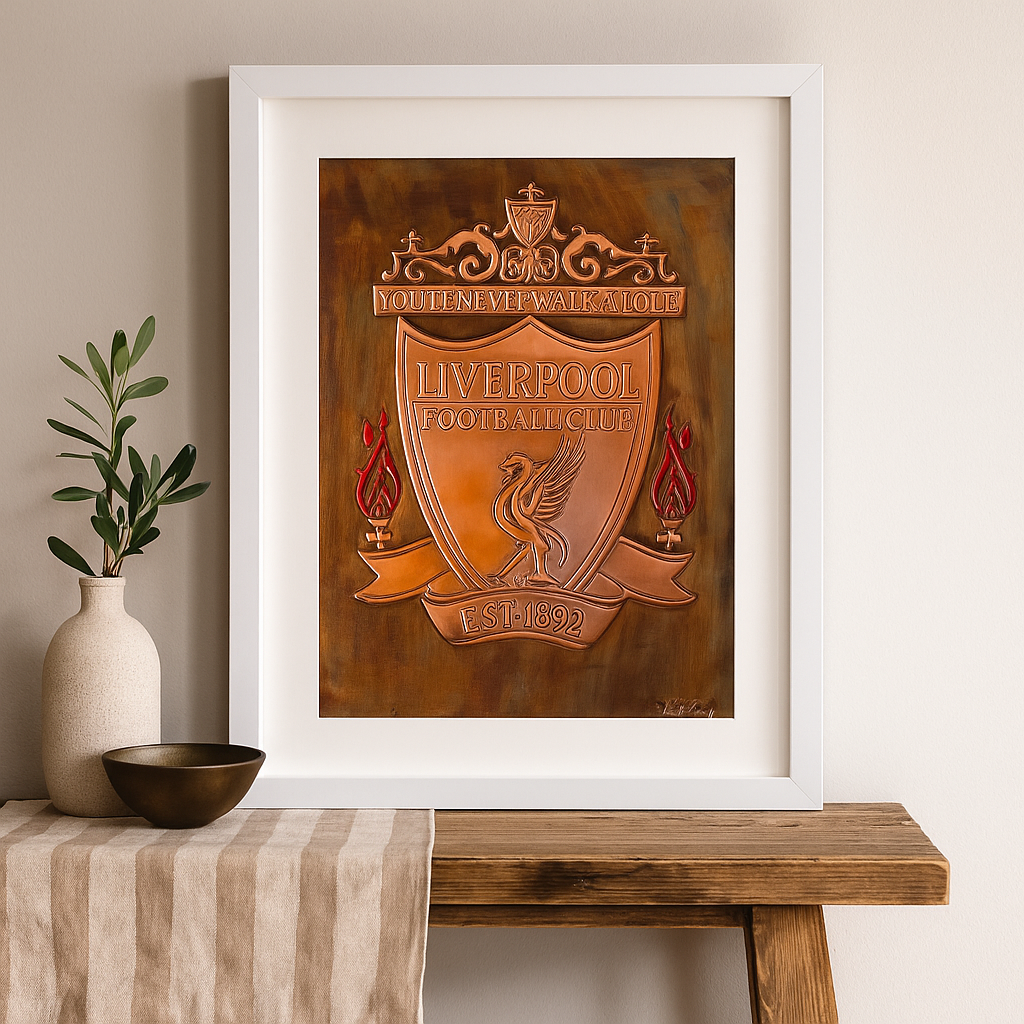 Framed handcrafted copper artwork of the Liverpool Football Club crest with "You'll Never Walk Alone" motto, featuring embossed detailing and flame accents.