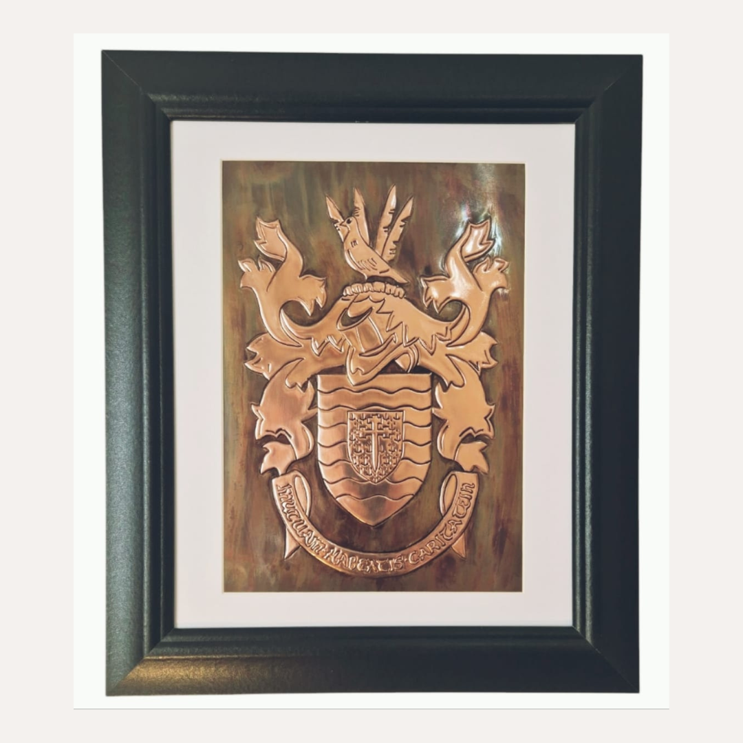 Framed handcrafted copper artwork featuring the Donegal County and Council crests, inspired by the ancient royal arms of the O'Donnell clan