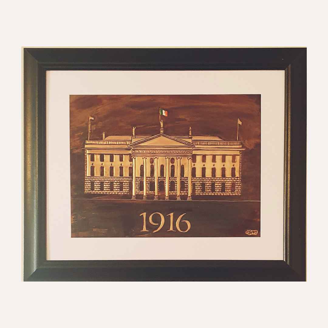 A framed copper artwork depicting the General Post Office (GPO) in Dublin with the year 1916 inscribed below, commemorating the Easter Rising.
