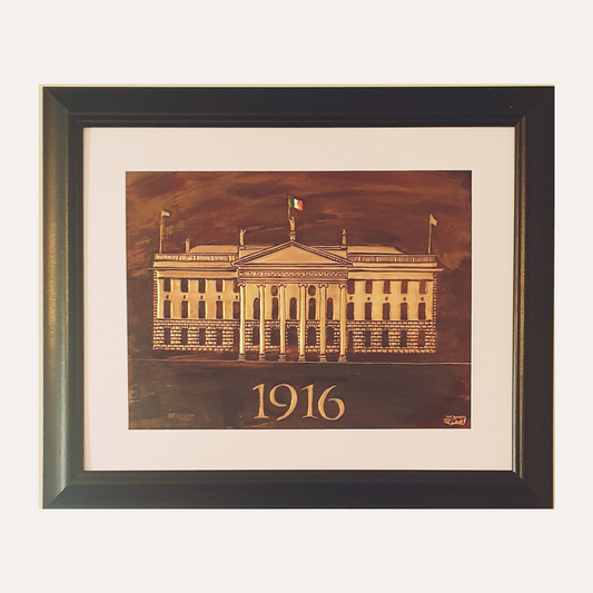 A framed copper artwork depicting the General Post Office (GPO) in Dublin with the year 1916 inscribed below, commemorating the Easter Rising.